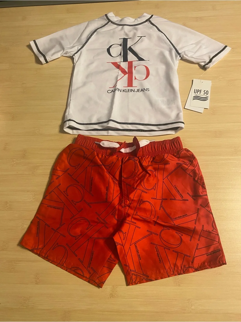 New Calvin Klein Boys Swim 2 piece Set Trunks Shirt Toddler Red White